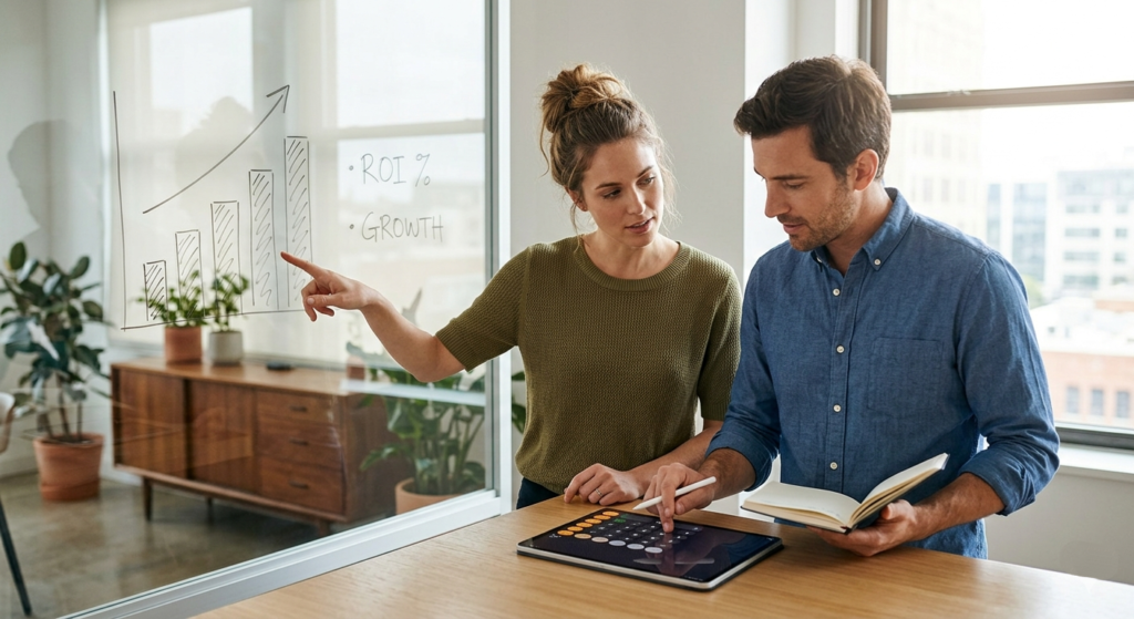 A candid photograph of two growth marketing strategists in a bright, modern office calculating ROI on a tablet and pointing to a growth chart drawn on a glass partition.